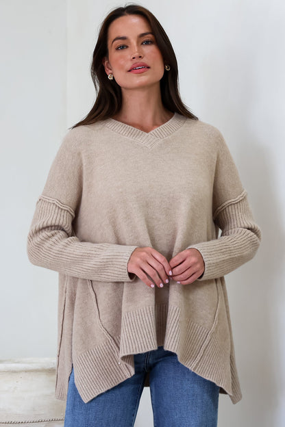 Ridge Jumper - V Neck Relaxed Shark Bite Ribbed Hemline Knit in Beige