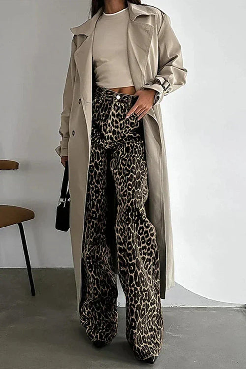 Button Multi Pockets Leopard Print Casual Pants