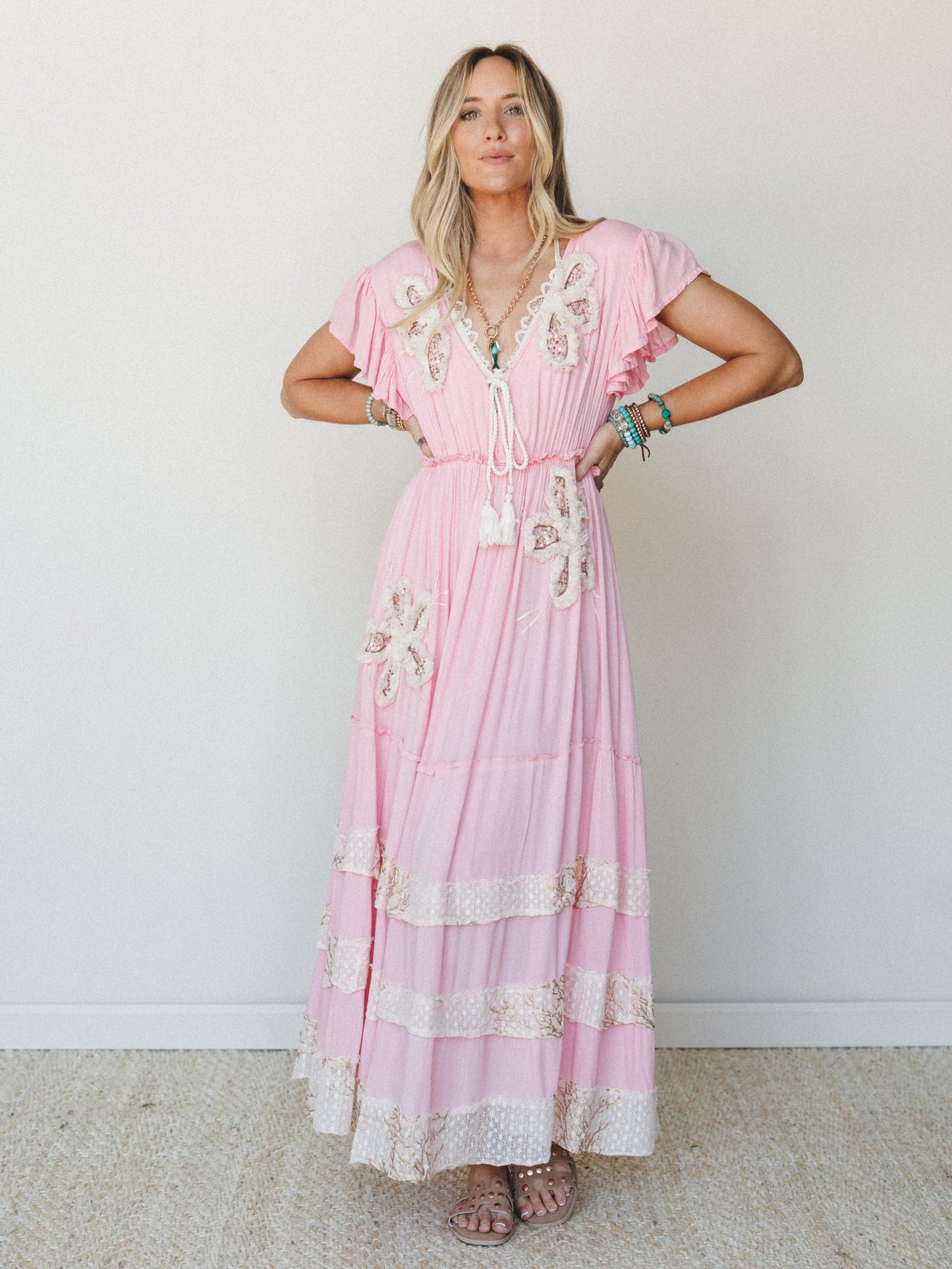 Flowery Night Maxi Dress - Pink