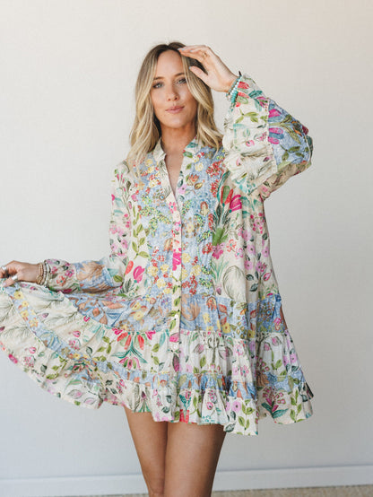Rainbow Rain Drops Dress - Cream Multi