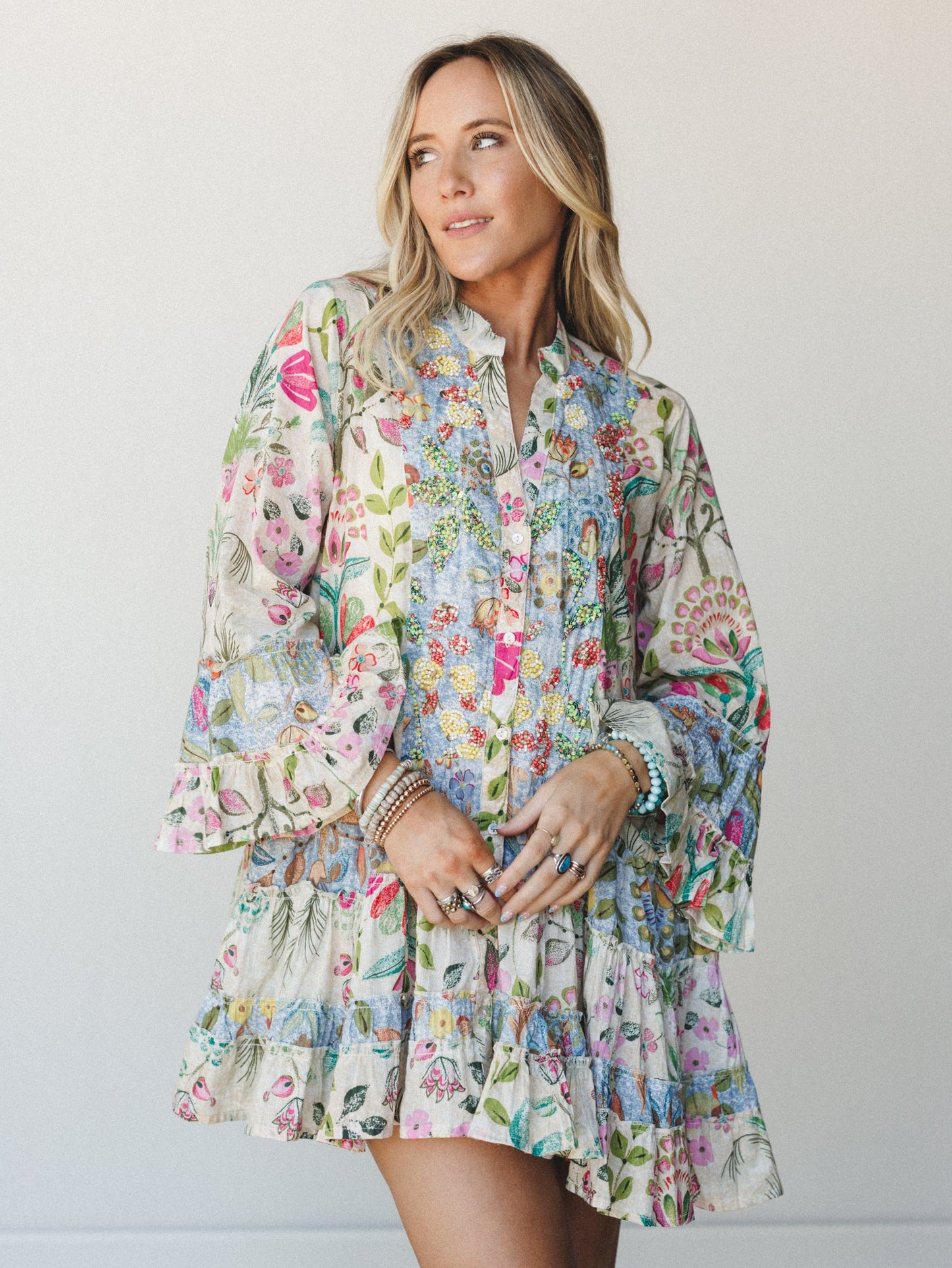 Rainbow Rain Drops Dress - Cream Multi