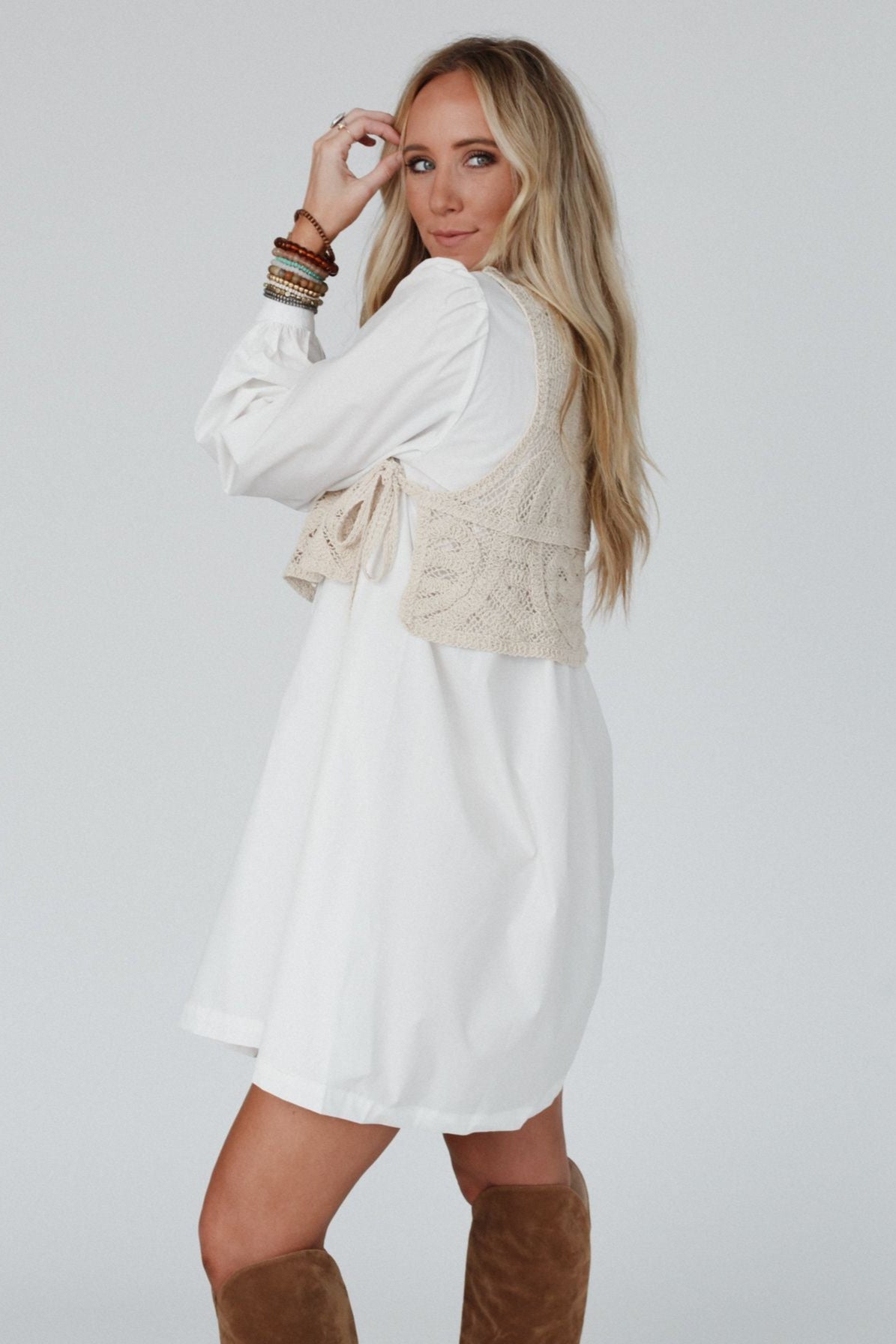 Sweet Edge Crochet Vest Tunic Dress - White