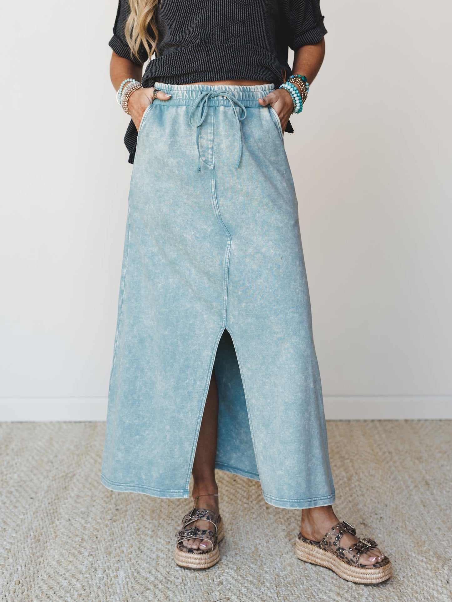 Sunfade Front Slit Maxi Skirt - Ash Blue