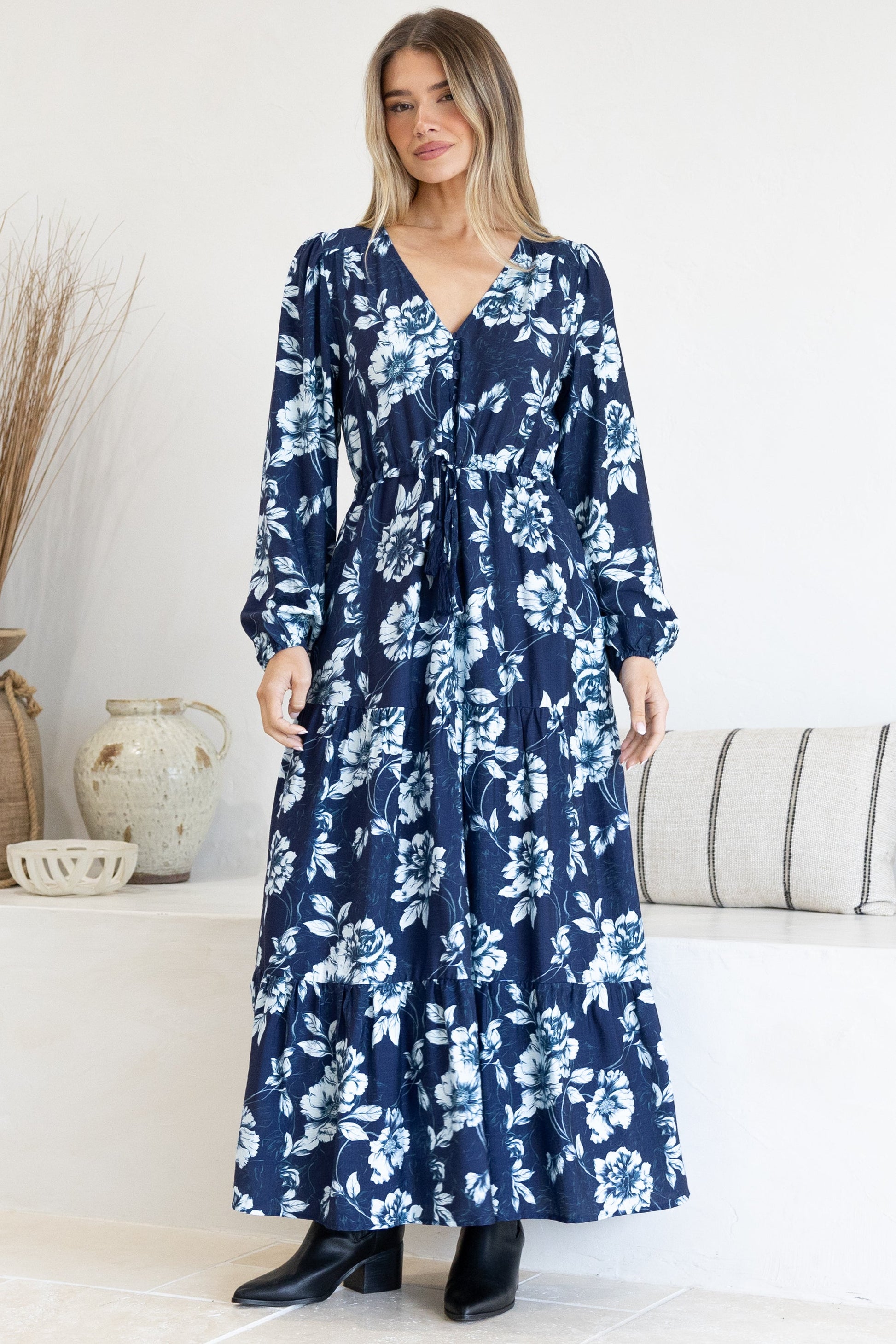 Villia Maxi Dress - V Neck Tiered Dress with Pull Tie Waist and Long Balloon Sleeves in Minka Print Navy