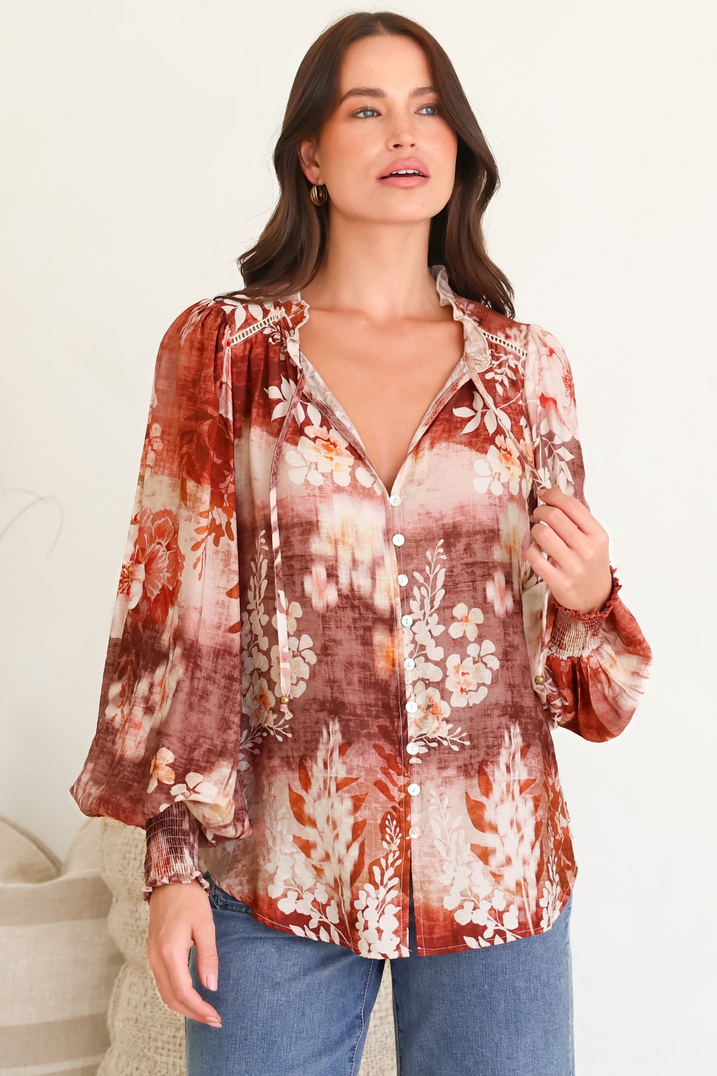 Violet Blouse - Frill Collar Button Down Balloon Sleeve Top in Ashara Print