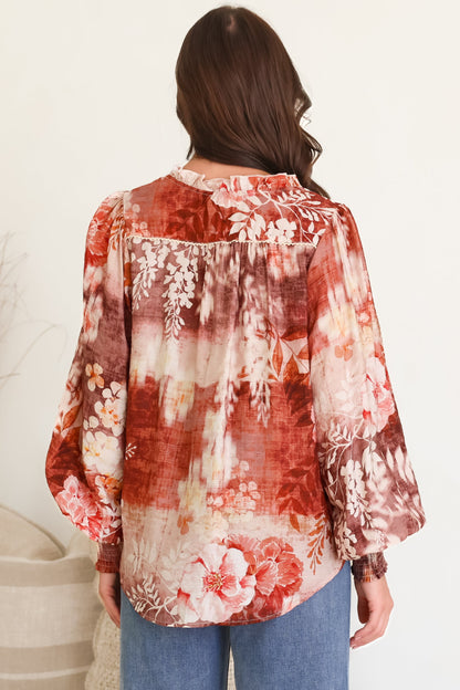 Violet Blouse - Frill Collar Button Down Balloon Sleeve Top in Ashara Print