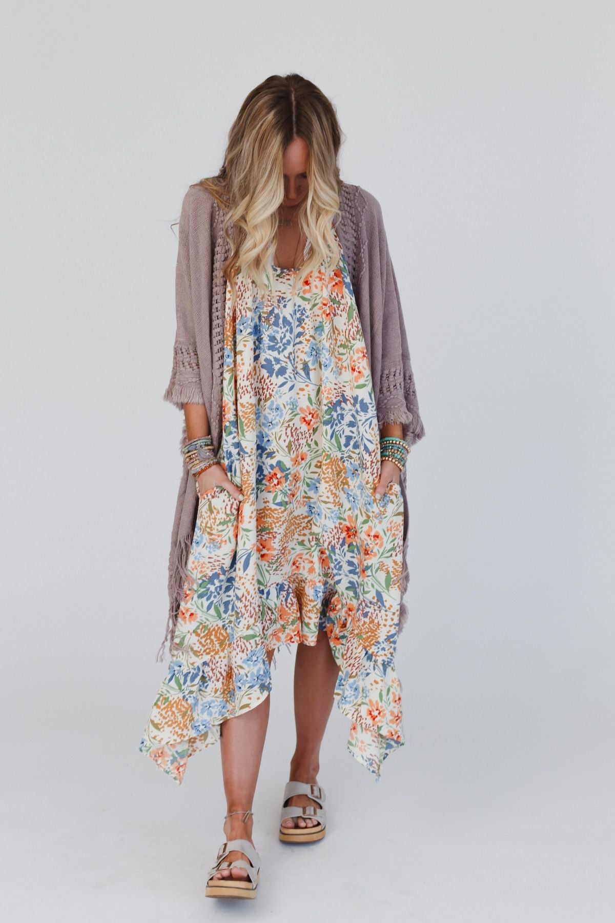 The Nest Ellie Ruffle Midi Dress - Brown Floral