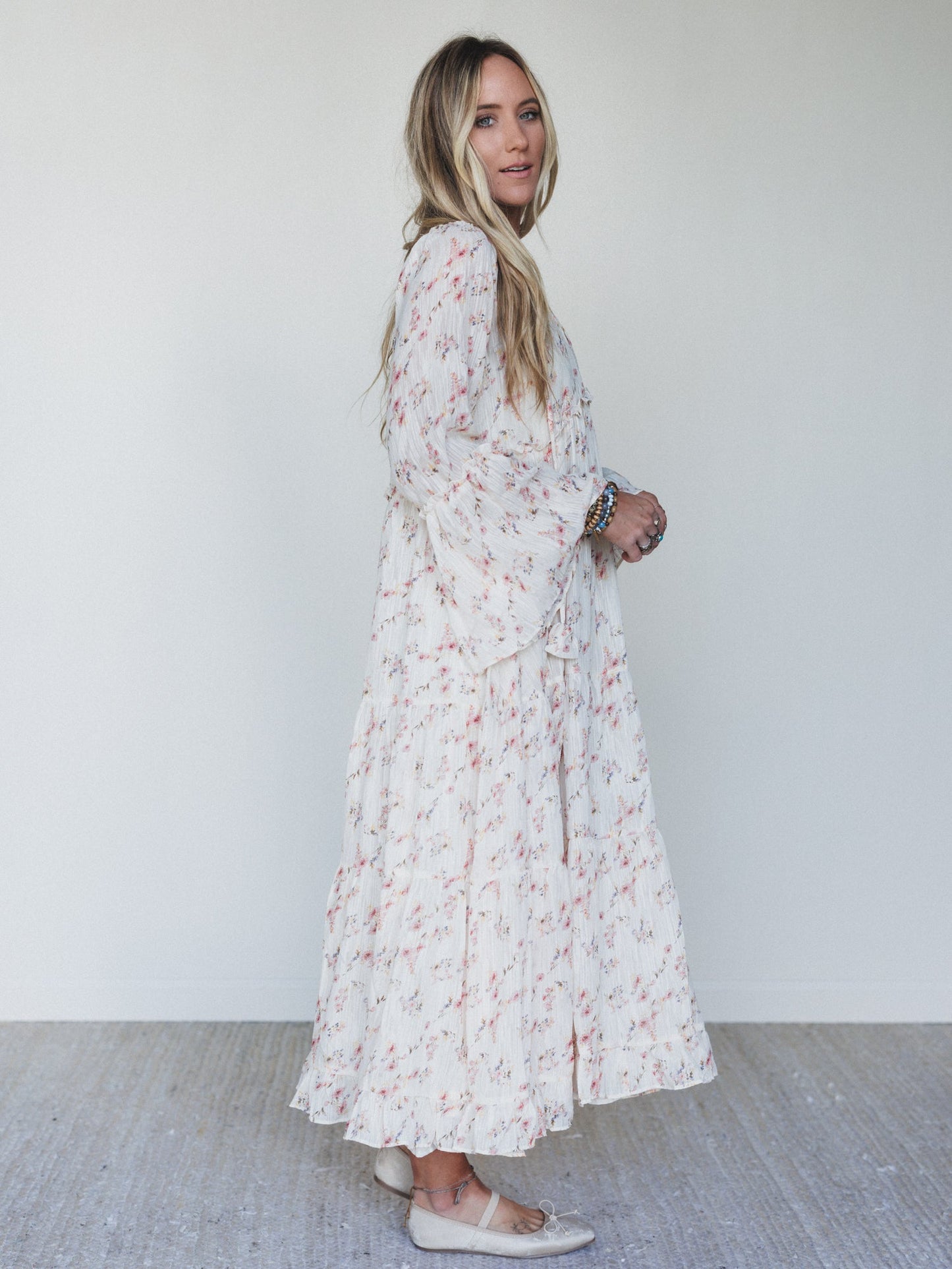 Vintage Petals Tiered Flare Maxi Dress - Cream Multi