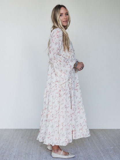 Vintage Petals Tiered Flare Maxi Dress - Cream Multi