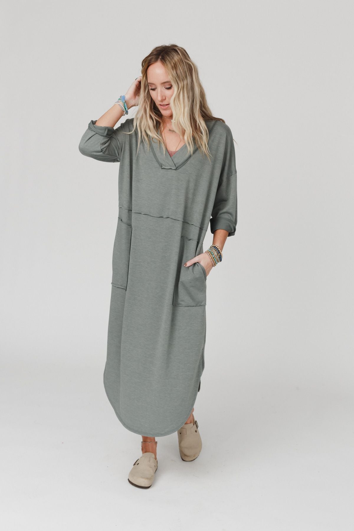 The Nest Meadow Long Sleeve Slit Maxi Dress - Light Olive