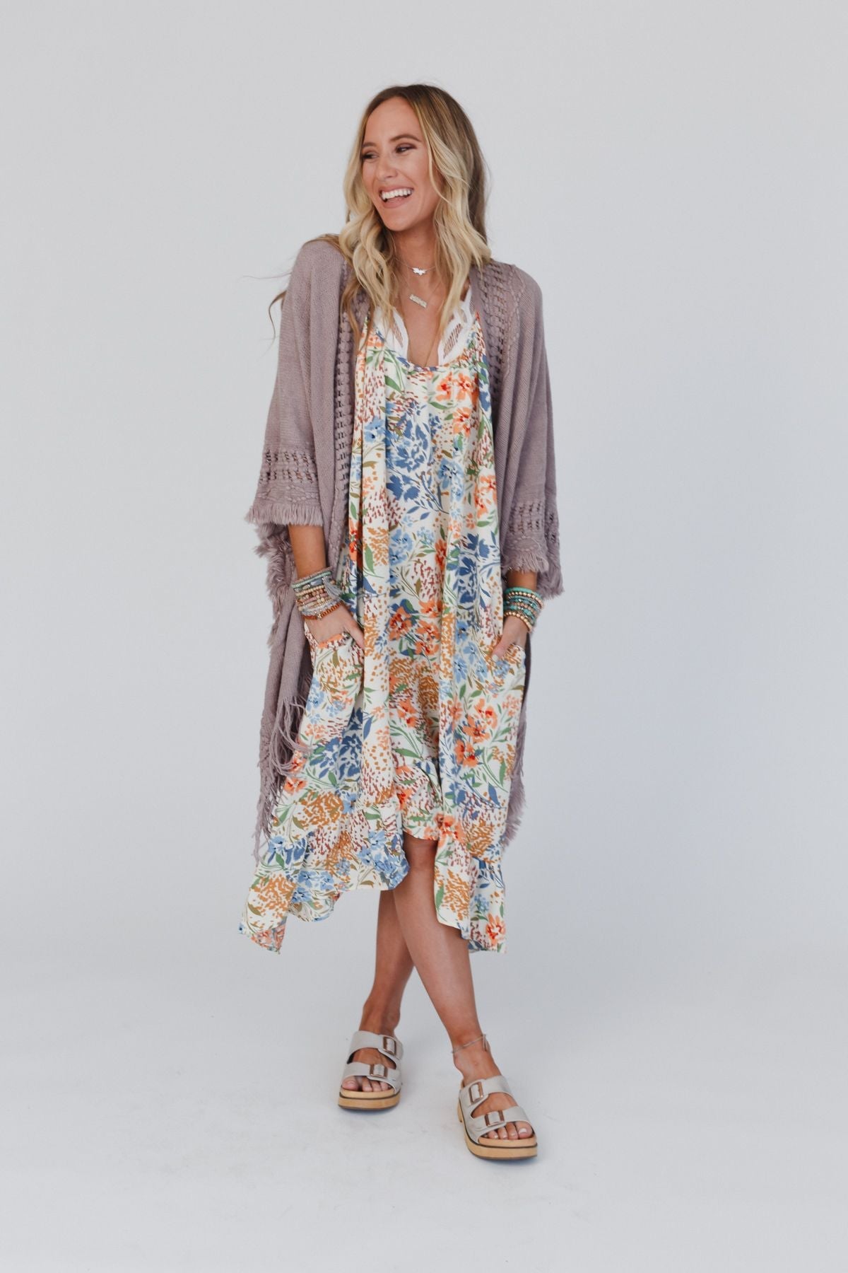 The Nest Ellie Ruffle Midi Dress - Brown Floral