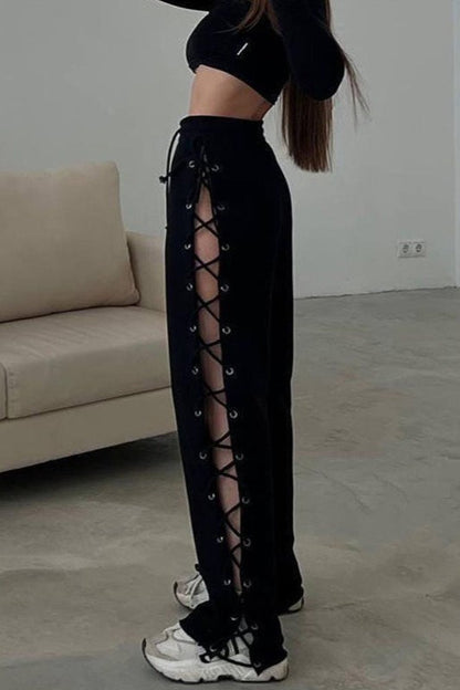 Casual Side Slit Tie Cutout Wide Leg Pants