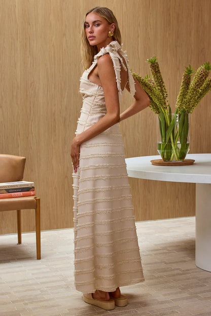 Textured V-Neck Tie Shoulder Dress