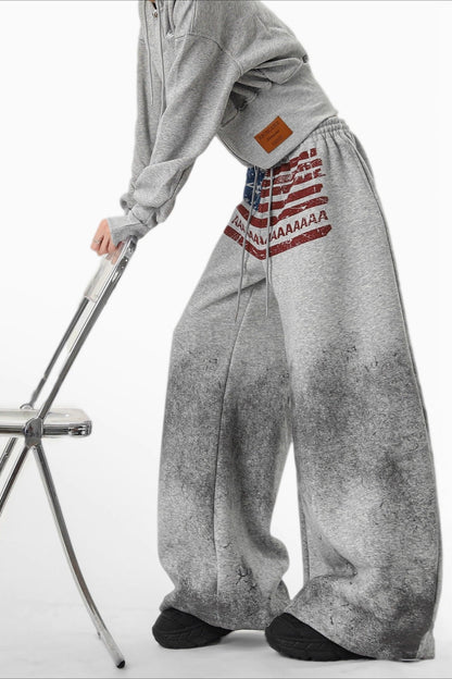 Vintage Flag Print Wide-Leg Pants