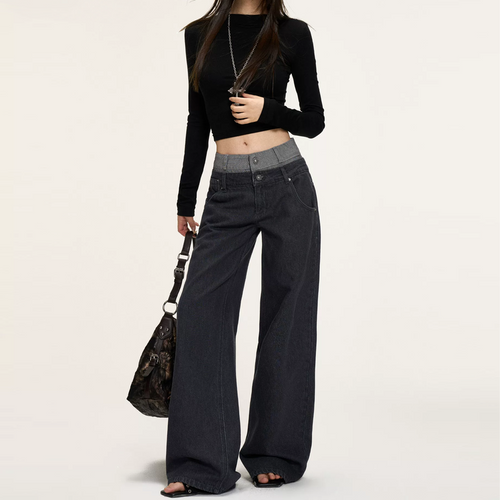 Patchwork button pocket low rise straight leg | Baggy Low Rise Jeans  | Festival Outfits Women