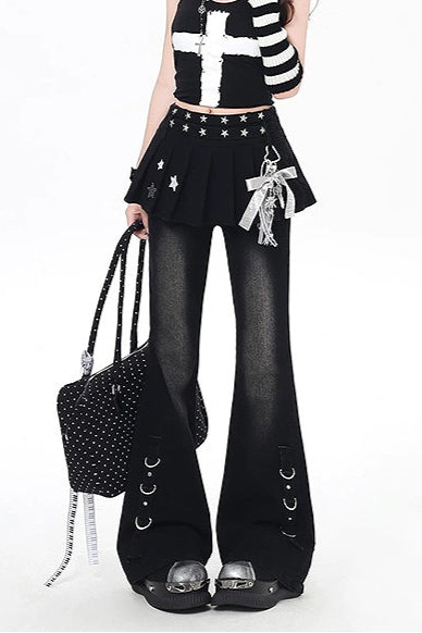 Y2K Layered Flare Denim Skirt Pants