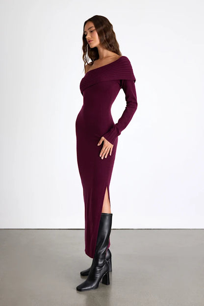 Ellie Dark Plum Sweater Bodycon Maxi Dress