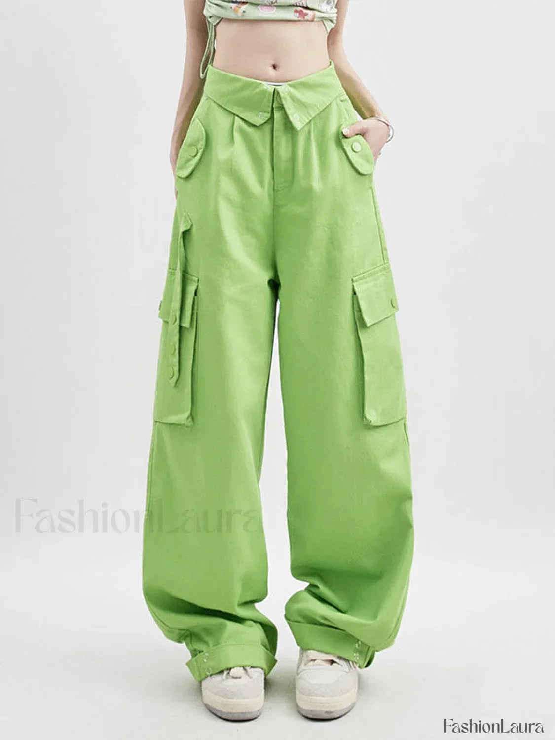 Buttoned High Waisted Cargo Pants