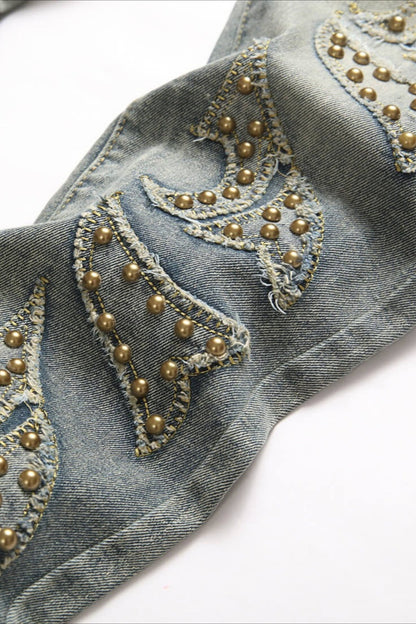 Retro Red Plaid Embroidered Studded Bootcut Denim Pants