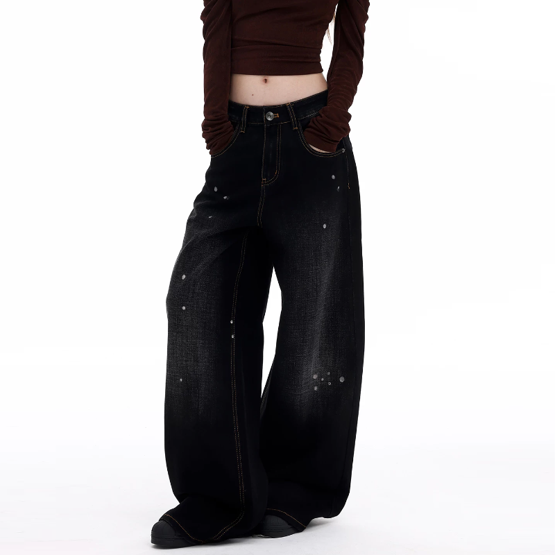 Doodle pattern button low rise straight leg | Baggy Low Rise Jeans  | Festival Outfits Women