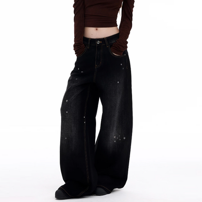 Doodle pattern button low rise straight leg | Baggy Low Rise Jeans  | Festival Outfits Women