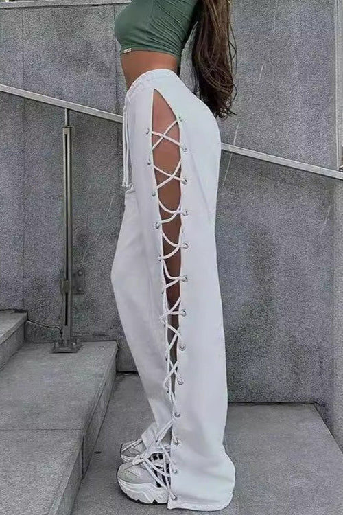 Casual Side Slit Tie Cutout Wide Leg Pants