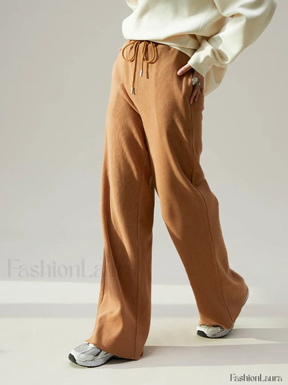 Camel Drawstring Ribbed Trendy Wide Leg Pants