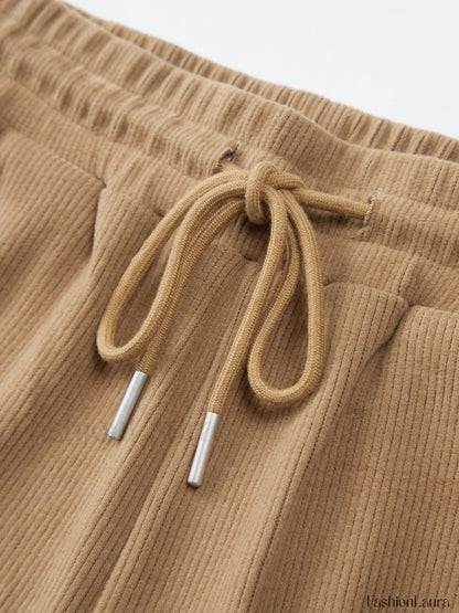 Camel Drawstring Ribbed Trendy Wide Leg Pants