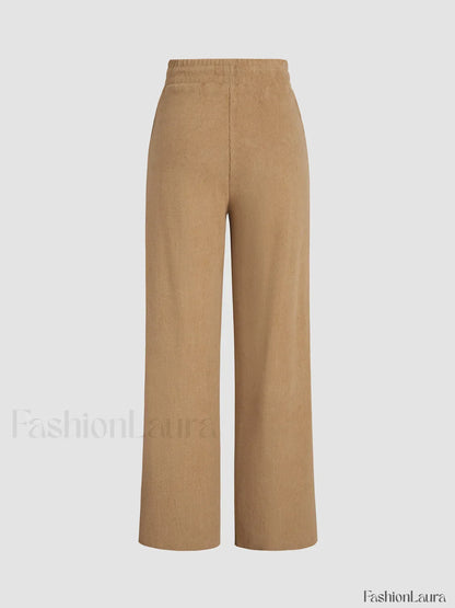 Camel Drawstring Ribbed Trendy Wide Leg Pants