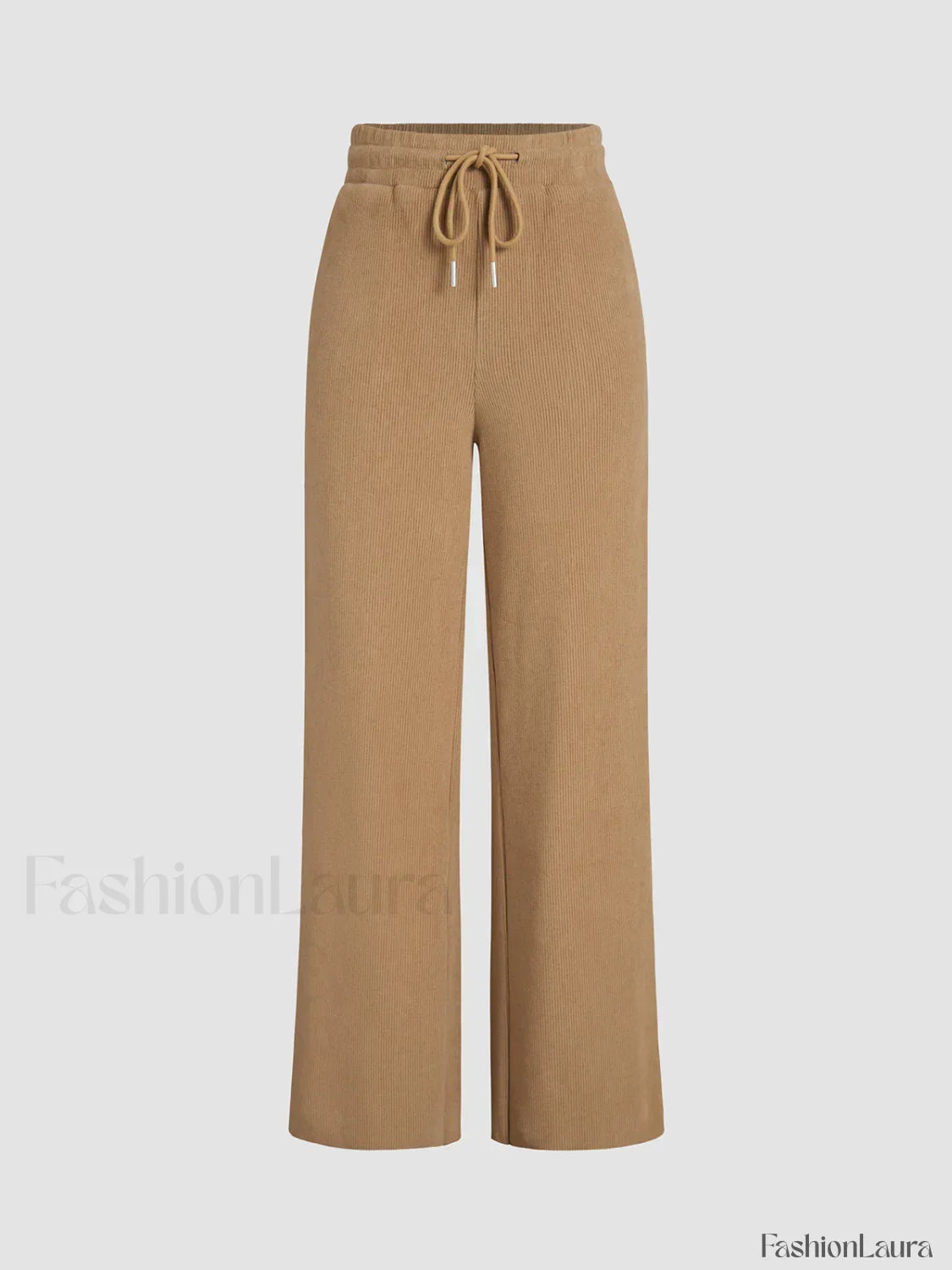 Camel Drawstring Ribbed Trendy Wide Leg Pants