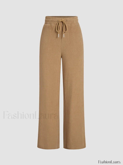 Camel Drawstring Ribbed Trendy Wide Leg Pants