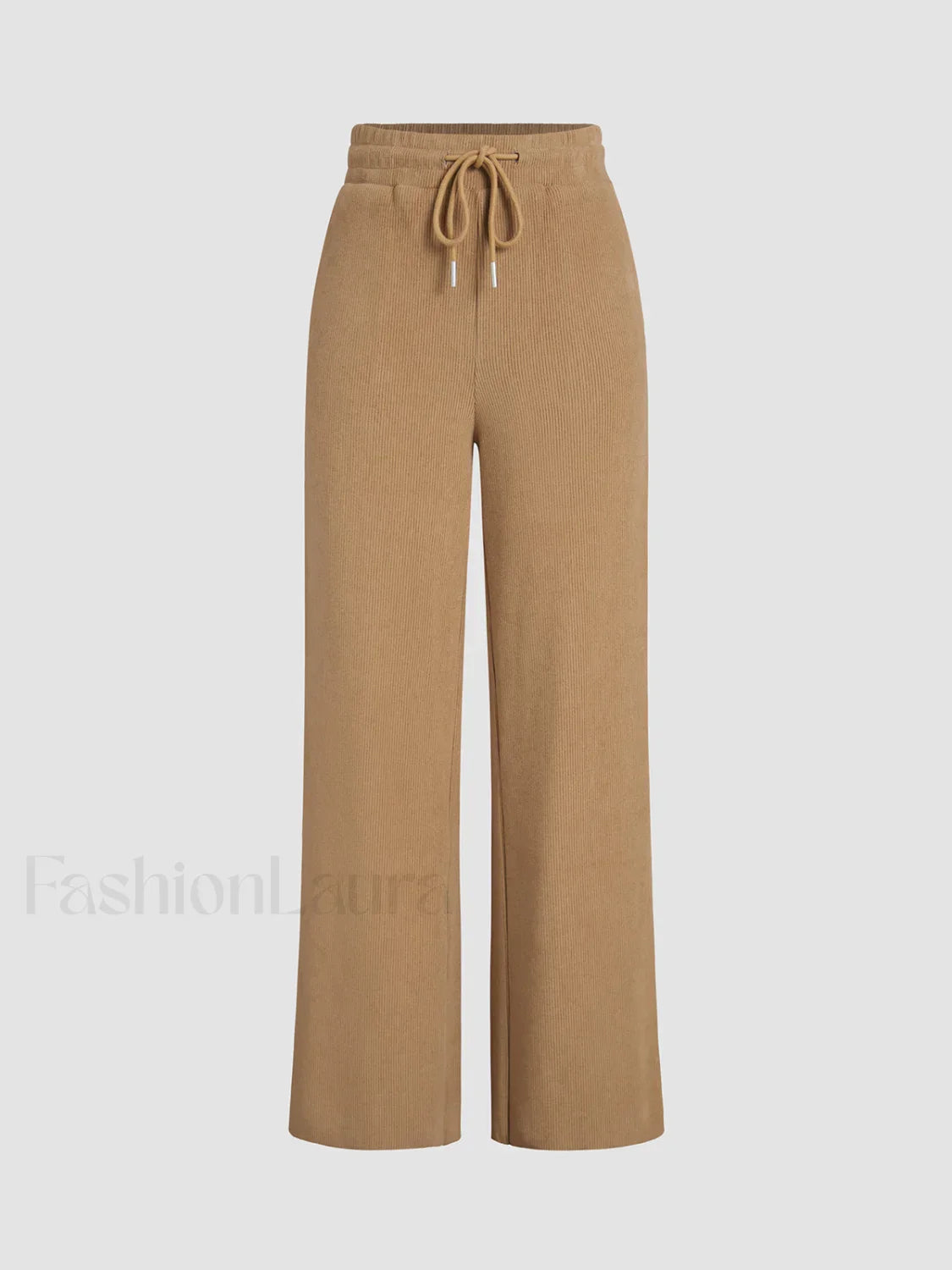 Camel Drawstring Ribbed Trendy Wide Leg Pants