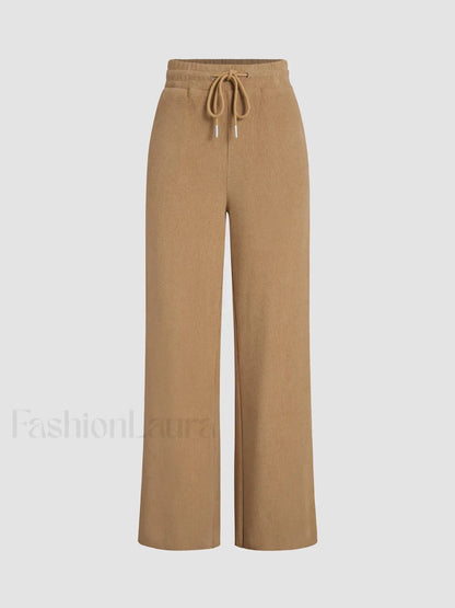 Camel Drawstring Ribbed Trendy Wide Leg Pants