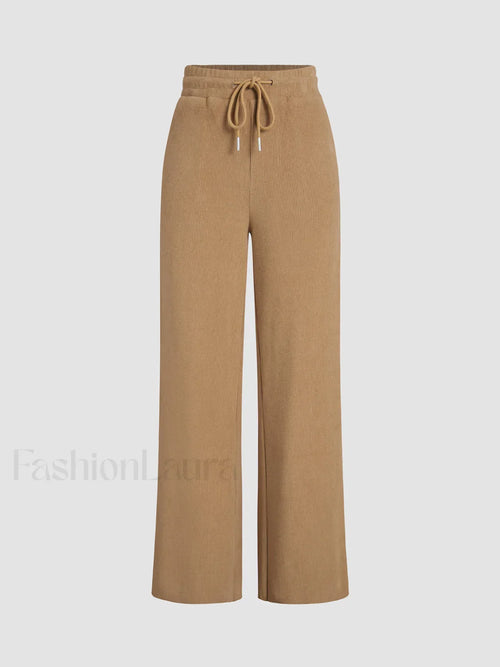 Camel Drawstring Ribbed Trendy Wide Leg Pants