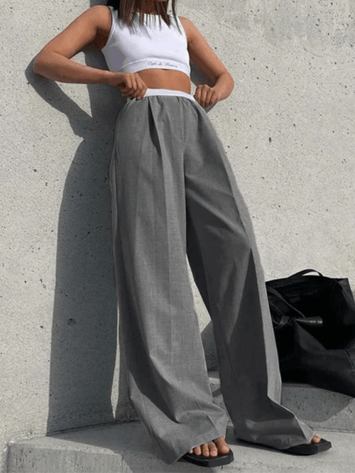 Contrast Waist Gray Baggy Tailored Pants