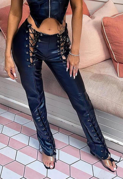 Cut-out Lace Up Pu Pants