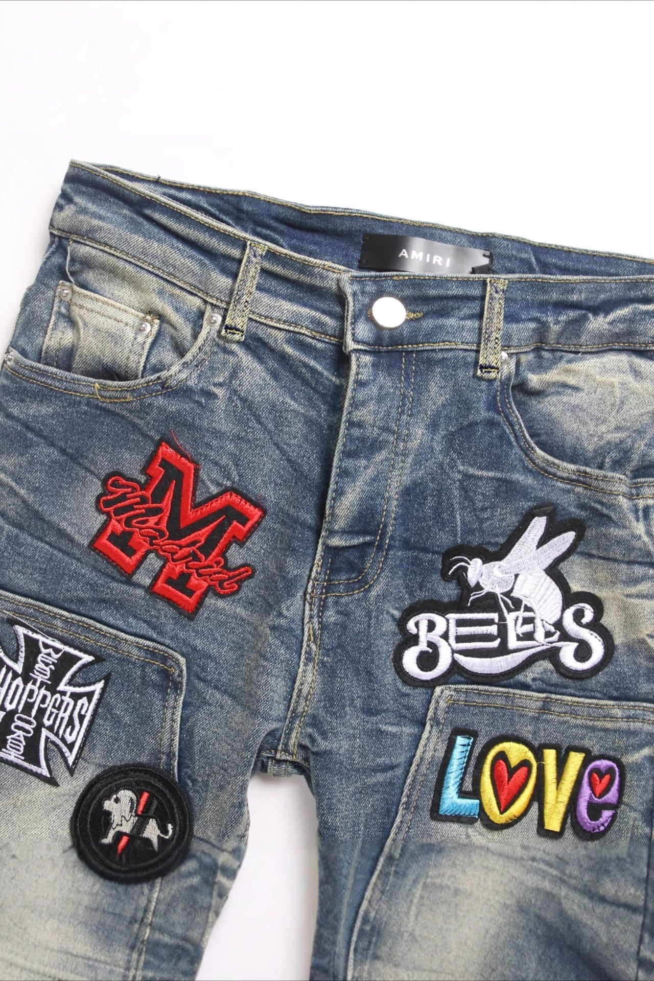 Blue Punk Stitched Badge Flare Denim Pants