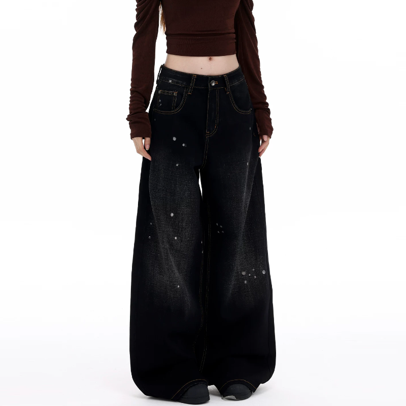 Doodle pattern button low rise straight leg | Baggy Low Rise Jeans  | Festival Outfits Women