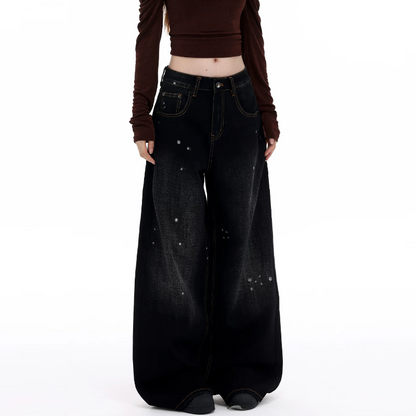 Doodle pattern button low rise straight leg | Baggy Low Rise Jeans  | Festival Outfits Women