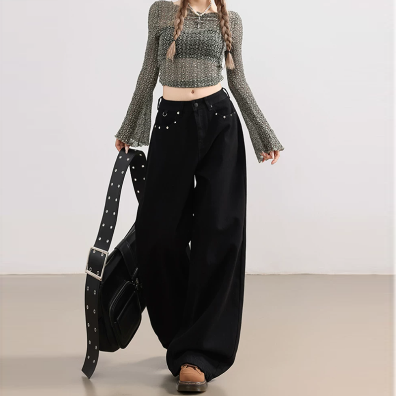 rivet pocket button low rise straight leg | Baggy Low Rise Jeans  | Festival Outfits Women