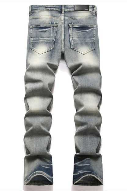 Retro Red Plaid Embroidered Studded Bootcut Denim Pants