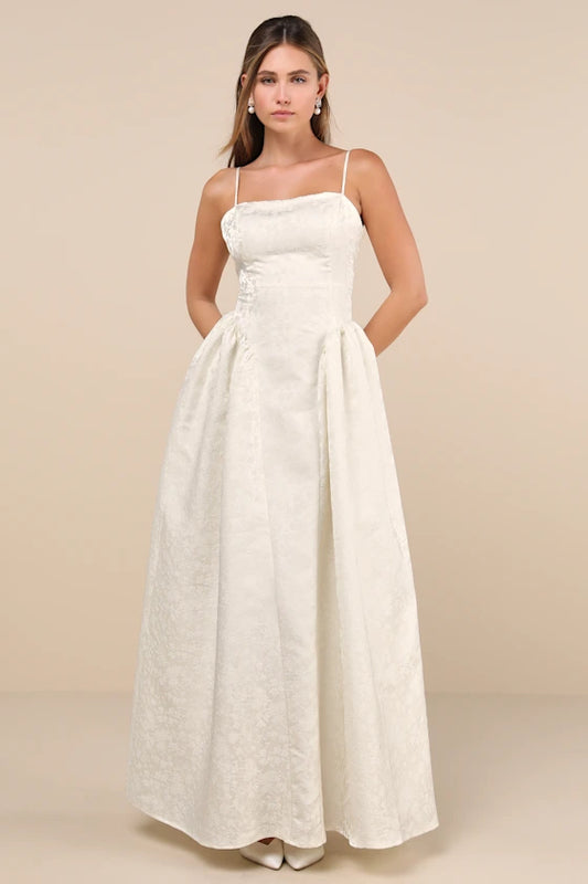 Gorgeous Extravagance Ivory Floral Jacquard Maxi Dress
