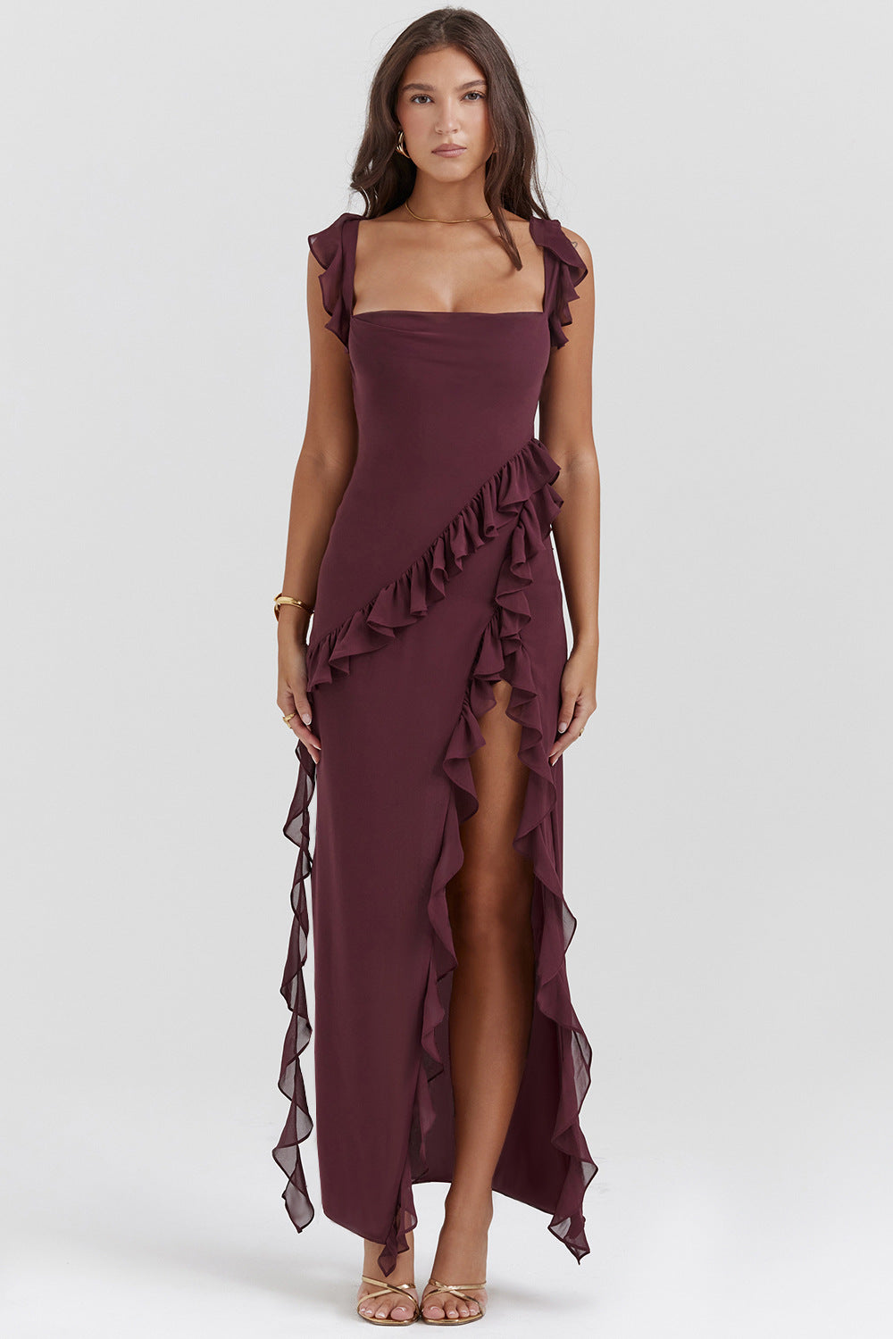 cherry ruffle maxi dress-coffer