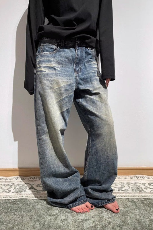 Embroidered Slouchy Straight Denim Trousers