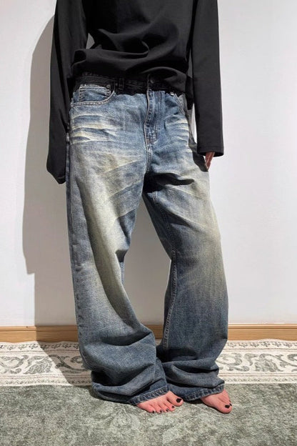 Embroidered Slouchy Straight Denim Trousers