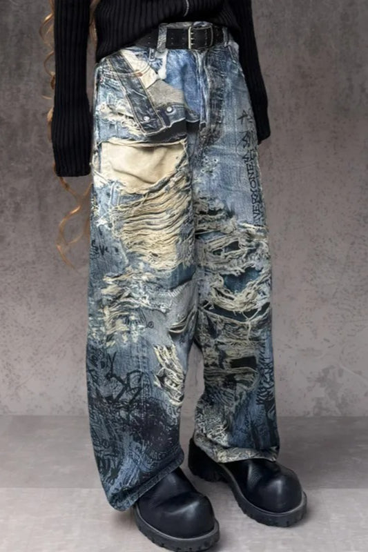 Vintage Irregular Graffiti Straight Pants