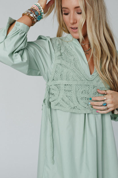 Sweet Edge Crochet Vest Tunic Dress - Sage - Pre Order