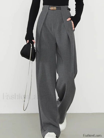 Middle Waist Solid Trendy Pocket Straight Leg Pants