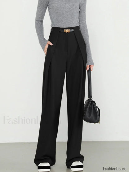 Middle Waist Solid Trendy Pocket Straight Leg Pants