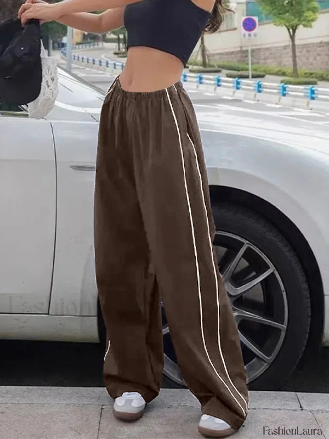 Piping Detail Wide Leg Track Pants